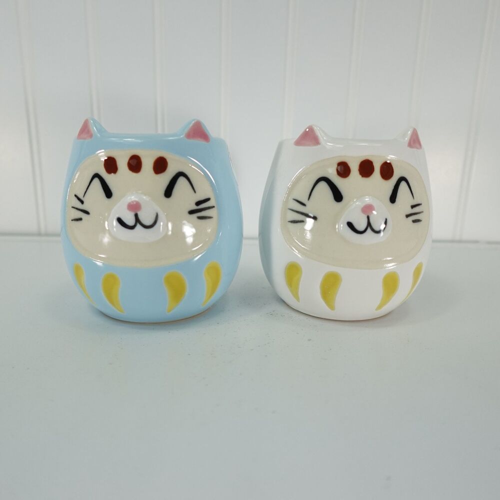 Nagomi by Urban Tokyo Maneki Neko Lucky Cat Daruma Mug Set Blue White 2pc